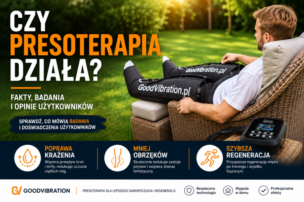 Czy presoterapia działa? Zabieg presoterapii z wykorzystaniem urządzenia GoodVibration wspomagający regenerację i poprawę krążenia.