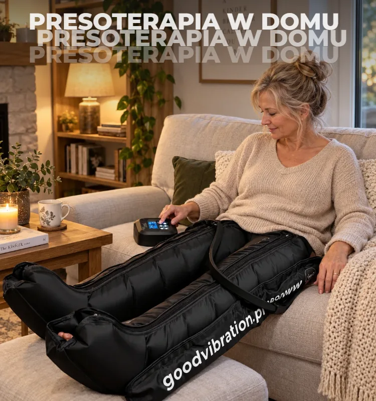 Presoterapia w domu – kobieta w mankietach Press&Rest na sofie